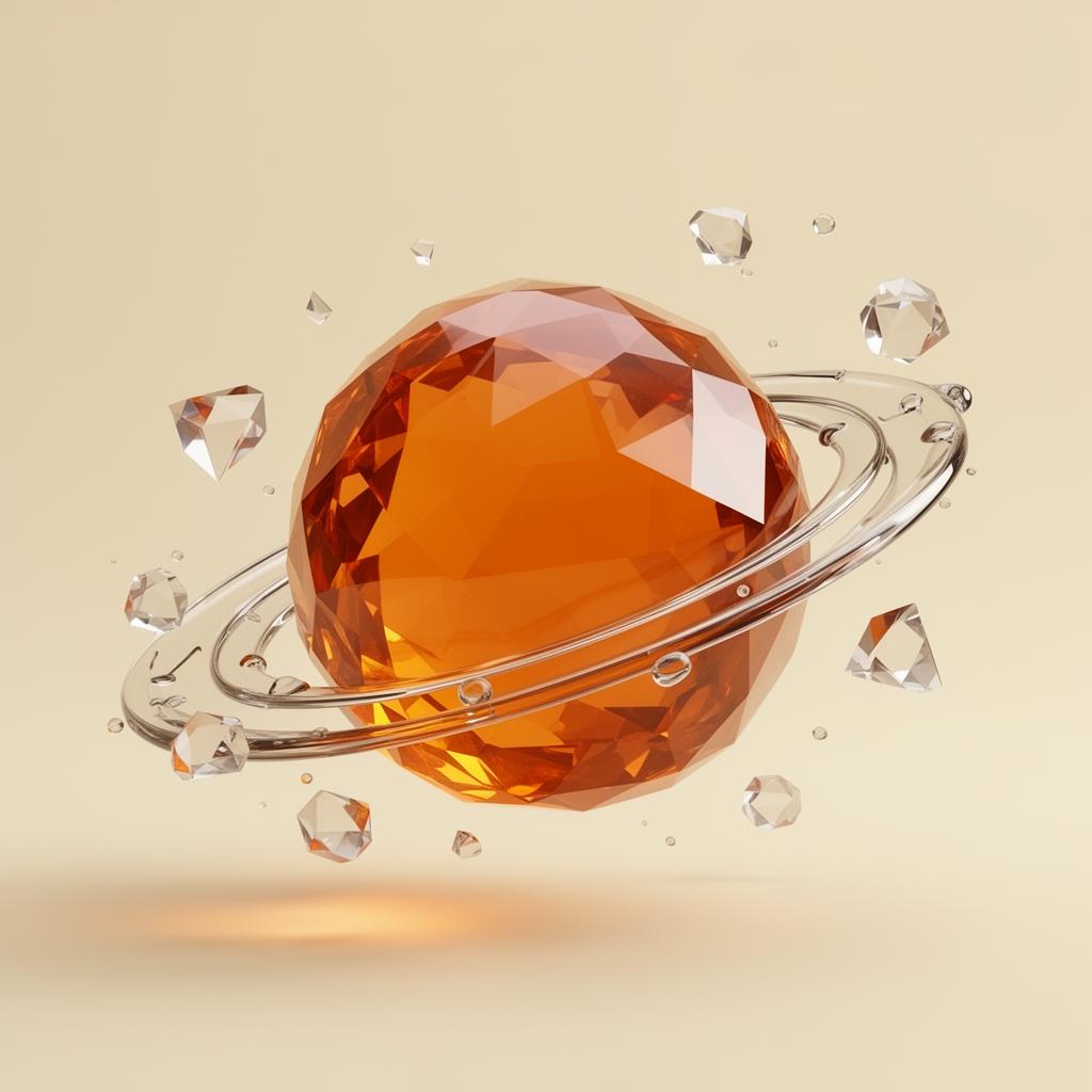 Esfera cristalina laranja com anéis e estilhaços de vidro orbitando